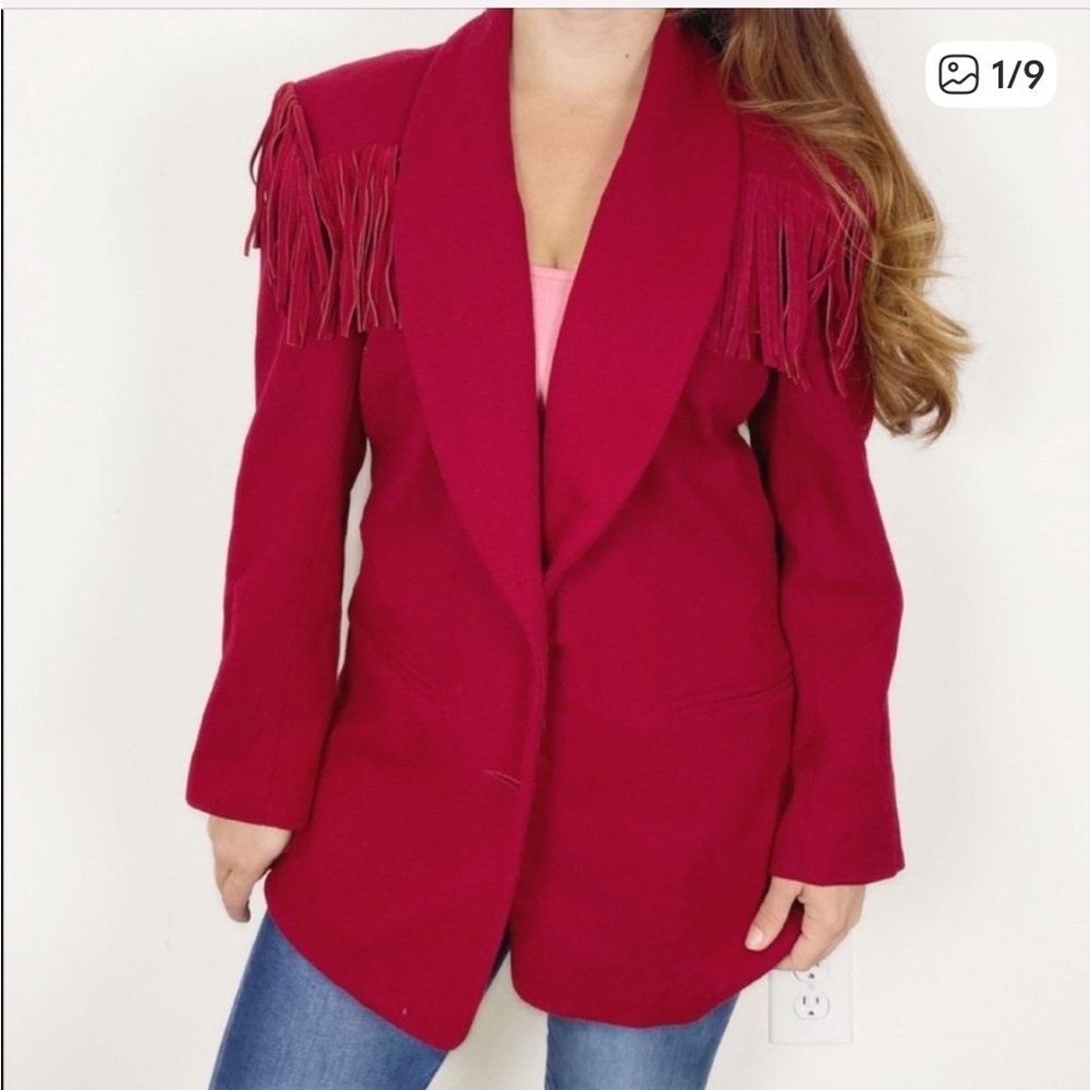 VINTAGE NEW FRONTIER Western Red Suede Fringe Wool Jacket Coat Southwestern Med